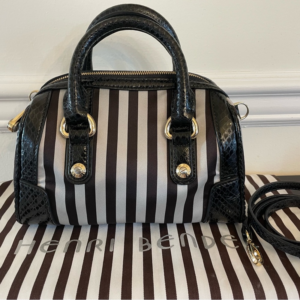 HENRI BENDEL Top Handle Mini Bag w Crossbody Strap Centennial Stripe and Leather